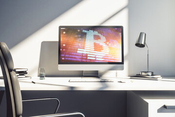Poster - Modern computer display with creative Bitcoin symbol hologram. Mining and blockchain concept. 3D Rendering