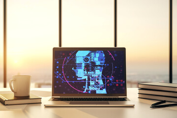 Aufkleber - Modern computer screen with creative human head microcircuit. Future technology and AI concept. 3D Rendering
