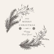 Vintage Wreath With Fir Branches And Dried Grasses. Black And White. Botanical Illustration. Vector Holiday Card. Engraving.