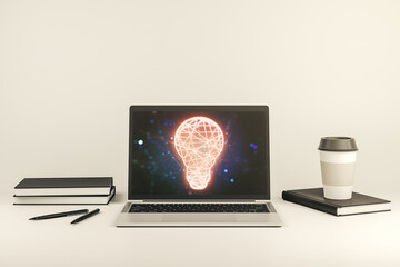 Poster - Modern computer monitor with creative light bulb hologram, research and development concept. 3D Rendering