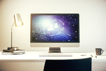 Poster - Creative abstract people icons sketch on modern laptop monitor, life and real estate insurance online concept. 3D Rendering