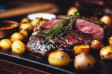Grilled Beef Venison Steak With Herbs, Spices, Mushroom And Potato Serving Bon Appetit