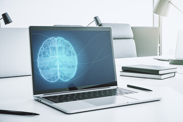 Aufkleber - Creative artificial Intelligence concept with human brain sketch on modern laptop monitor. 3D Rendering