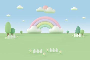 Minimal cartoon landscape background with a rainbow in a garden for baby and kid in pastel tone colors. 3D rendering.