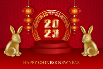 chinese new year background with gold rabbits and red lanterns. rabbit year poster