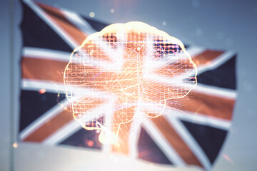 Poster - Virtual creative artificial Intelligence hologram with human brain sketch on British flag and sunset sky background. Double exposure