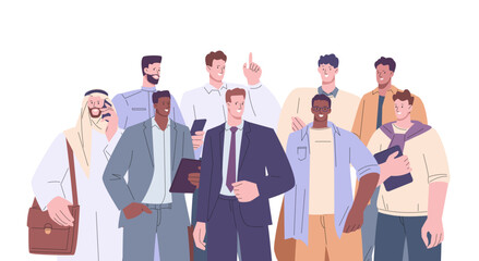 Wall Mural - Male office team together. Adult businessmen entrepreneurs portrait, arabian business character and colleagues. Young students, kicky professionals vector set