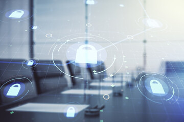Poster - Virtual creative lock symbol and microcircuit illustration on a modern conference room background. Protection and firewall concept. Multiexposure