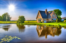 Red Bricks House In Countryside Near The Lake With Mirror Reflec