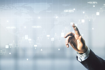 Poster - Multi exposure of analyst hand clicks on virtual abstract financial graph and world map on blurred office background, financial and trading concept