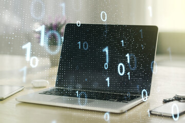 Aufkleber - Creative abstract binary code sketch on modern laptop background, hacking and matrix concept. Multiexposure