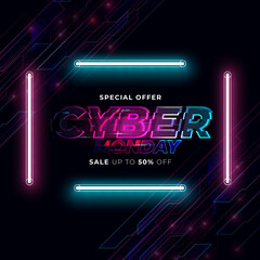 Wall Mural - Cyber Monday concept banner in fashionable neon style, luminous signboard, nightly advertising advertisement of sales rebates of cyber Monday. Vector illustration for your projects.