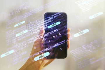 Fototapete - Multi exposure of abstract programming language hologram with world map and hand with cellphone on background, artificial intelligence and neural networks concept