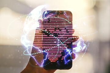 Poster - Double exposure of abstract digital world map with connections and hand with cellphone on background, big data and blockchain concept