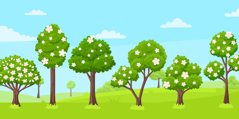 Spring blossom tree garden landscape. Green various cartoon trees flowers and petals. Blue sky with clouds, vector nature landscape. Sakura or peach or apple blooming