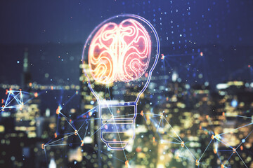 Poster - Abstract virtual light bulb illustration with human brain on blurry skyscrapers background, future technology concept. Multiexposure