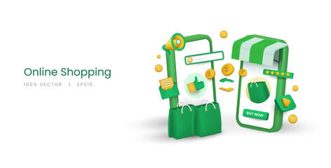 Poster - 3d vector smartphone illustration of online shopping transaction process.