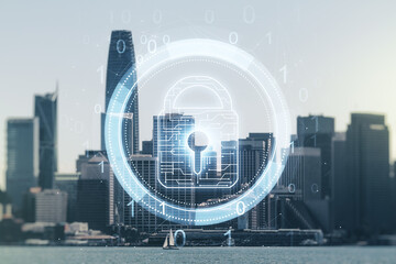 Poster - Virtual creative lock sketch with chip hologram on San Francisco office buildings background, protection of personal data concept. Multiexposure
