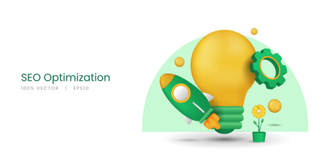 Fototapete - 3d vector rocket and bulb with illustration concept of seo optimization, web analytics, and marketing.