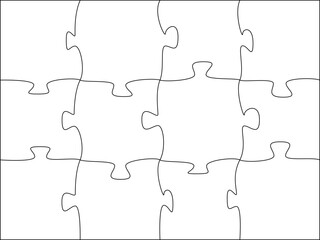 Wall Mural - Puzzles grid template. Jigsaw puzzle pieces, thinking game and  jigsaws detail frame design. Business assemble metaphor or puzzles game challenge vector.