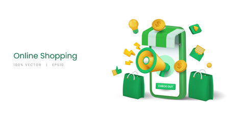 Poster - 3d vector smartphone with illustration of online shopping application and social media.