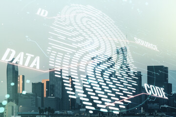 Aufkleber - Multi exposure of virtual fingerprint scan interface on Los Angeles office buildings background, digital access concept