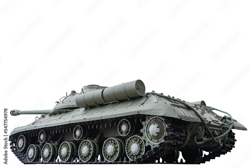 Military green tank on caterpillars with a cannon front close up rear ...