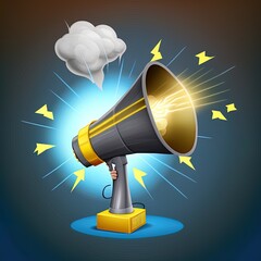 Loudspeaker with lightning with clouds and stars around. Marketing or advertising concept, 3d megaphone loudspeaker with yellow lightnings. Realistic 2d illustrated illustration