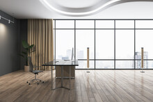Modern Bright Office Interior With Equipment, Wooden Flooring, Furniture, Decorative Plant And Window With Curtain And City View. 3D Rendering.
