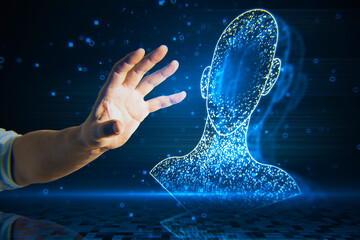 Wall Mural - Close up of male hand holding glowing digital blue head outline on blurry dark background. Machine learning, AI and technology concept.