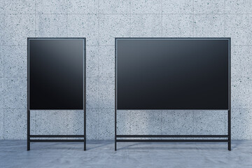 Aufkleber - Empty black banners on concrete wall background. Billboard, exhibition and mock up concept. 3D Rendering.