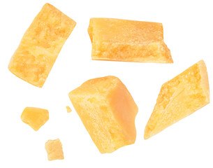 Pieces of parmesan cheese isolated on white background. Hard mature cheese Parmesan, Parmigiano in rough pieces top view, flat lay..