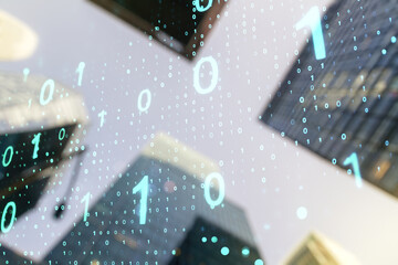 Aufkleber - Abstract virtual binary code sketch on blurry cityscape background, hacking and matrix concept. Multiexposure