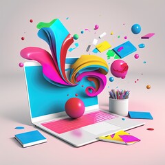 Poster - laptop and colorful graphic elements. business advertising and promotion concept. 3d rendering