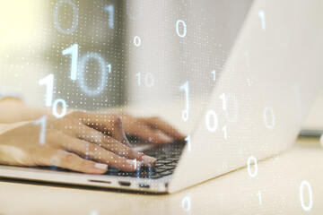Aufkleber - Creative abstract binary code sketch and hands typing on computer keyboard on background, hacking and matrix concept. Multiexposure