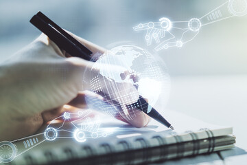 Aufkleber - Creative abstract robotics technology sketch with globe and woman hand writing in notepad on background, future technology and AI concept. Double exposure