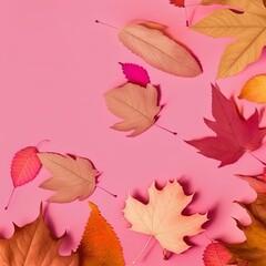 Poster - Autumn composition Colorful Dry maple leaves on pink brown background Autumn, fall, thanksgiving day concept Flat lay, top view, copy , anime style