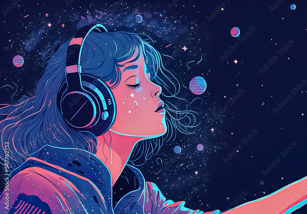 Beautiful anime girl floating in space with stars, listening to lofi