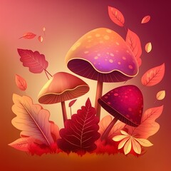 Poster - Autumn leaves, mushrooms on a gradient background Autumn composition, a symbol of autumn in bright colors Modern fashionable 2d illustrated illustration , anime style