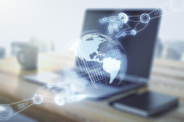 Aufkleber - Creative concept of robotics technology with globe sketch and modern desktop with computer on background. Robot development and automation concept. Multiexposure