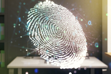 Poster - Double exposure of abstract creative fingerprint hologram and modern desktop with laptop on background, research and development concept