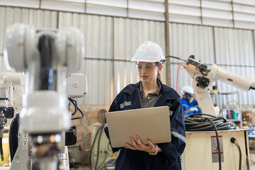 Aufkleber - Female engineers worker using laptop computer working with adept robot arm in workshop. Female technician maintenance automatic robot arm system welding with laptop computer in factory