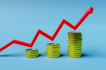 Three stacks of coins and growing graph arrow over them. Good economy, business illustration. 3d rendering