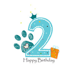 Second birthday one candle greeting card with doodle paw prints. Birthday greeting card