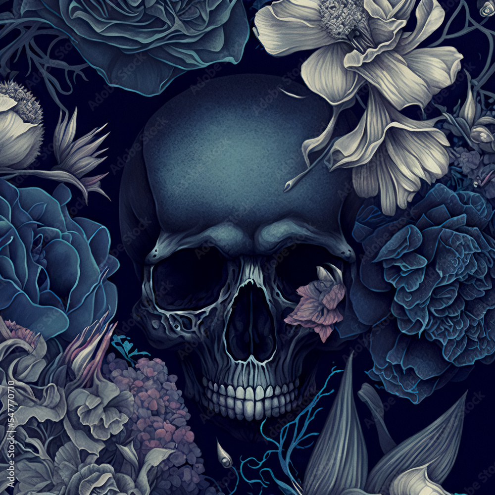 Ilustración de Stock Skull and Flowers, Vintage illustration. Elegant  tattoo design. Digital illustration for prints, posters, postcards,  stickers, tattoo | Adobe Stock, image size:1000x1000