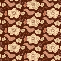 Fototapete - Seamless pattern of abstract shapes and figures in boho style. Beige and brown colors trend. Design for background, wallpaper, postcards, cover, post, banner, fabric.
