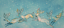 Winter Background With Christmas Deer. Watercolor Design