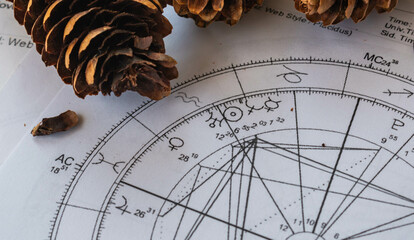 Wall Mural - Printed astrology charts with pine cones in the background