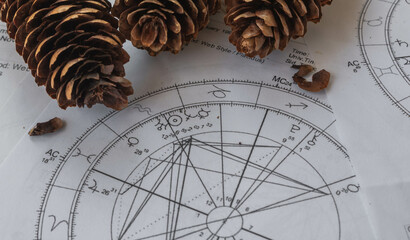 Wall Mural - Printed astrology charts with pine cones in the background