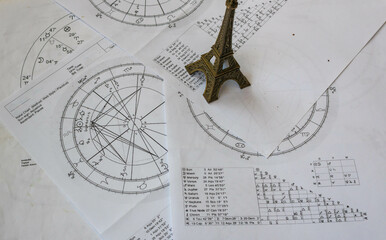Wall Mural - Printed astrology charts with a figure of the Eiffel Tower, travel concept